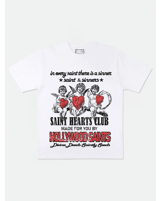 White graphic t-shirt from Hollywood Saints featuring vintage cherubs holding red hearts, with bold text that reads “Saint Hearts Club” and “Hollywood Saints” — a streetwear design blending divine love and sinner symbolism.