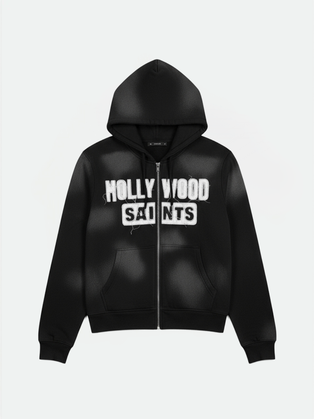 Hollywood Saints black sunfade zip hoodie with white varsity lettering, front product shot.