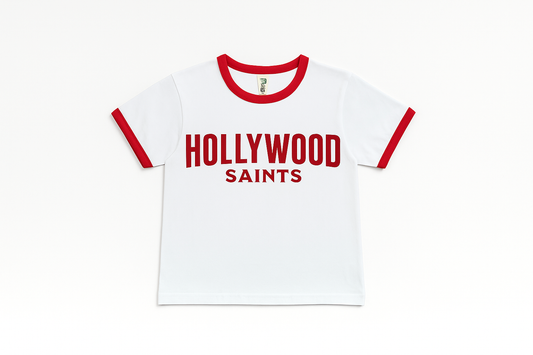 Hollywood Saints ringer tee white and red streetwear t shirt with bold logo
