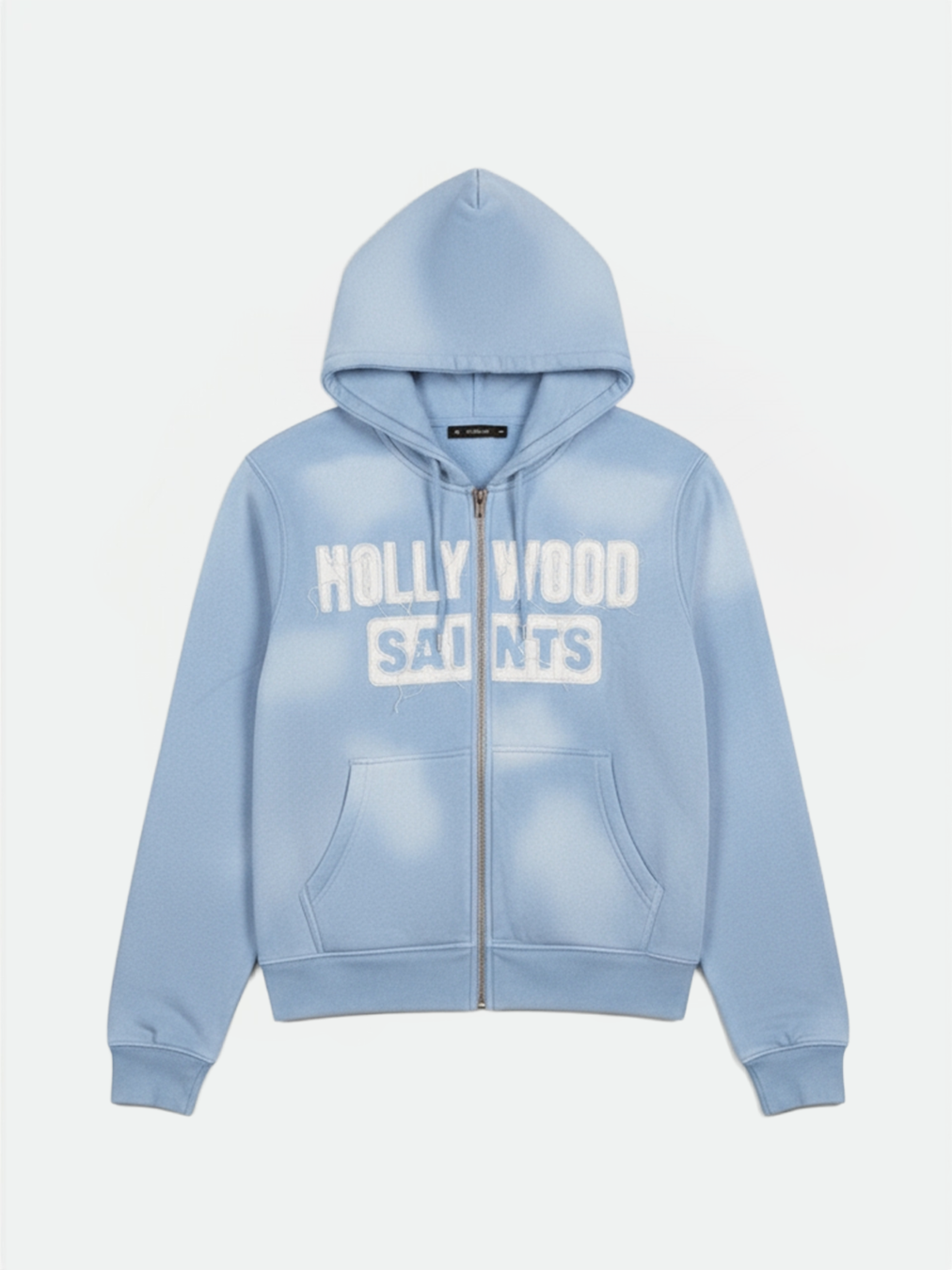 Hollywood Saints sky blue sun fade zip up hoodie with white varsity logo, front view on clean background.