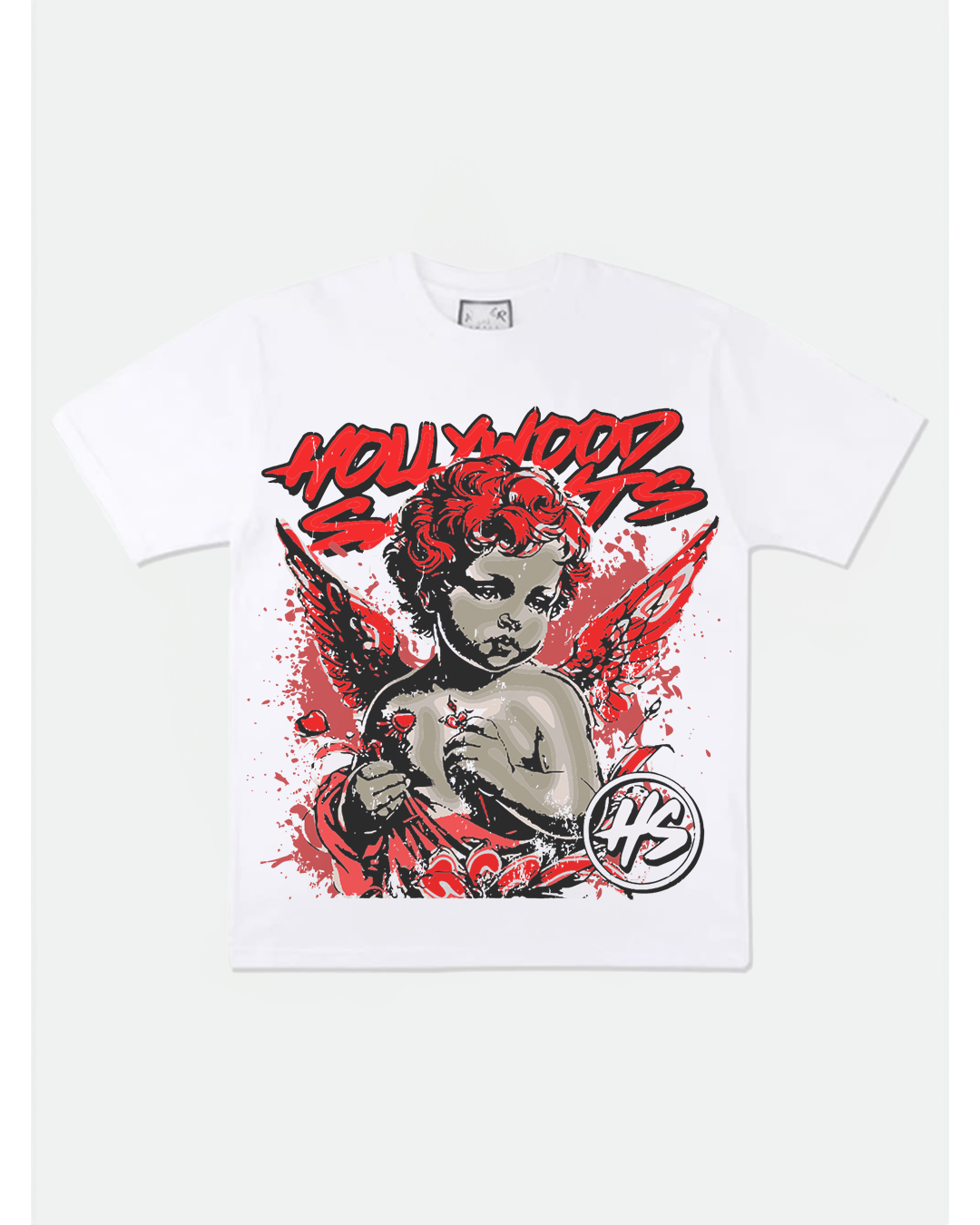 White Hollywood Saints t-shirt with bold red graffiti text and a dramatic cherub graphic featuring red wings, paint splatter effects, and an HS logo emblem. Striking streetwear design with angel and rebel themes.
