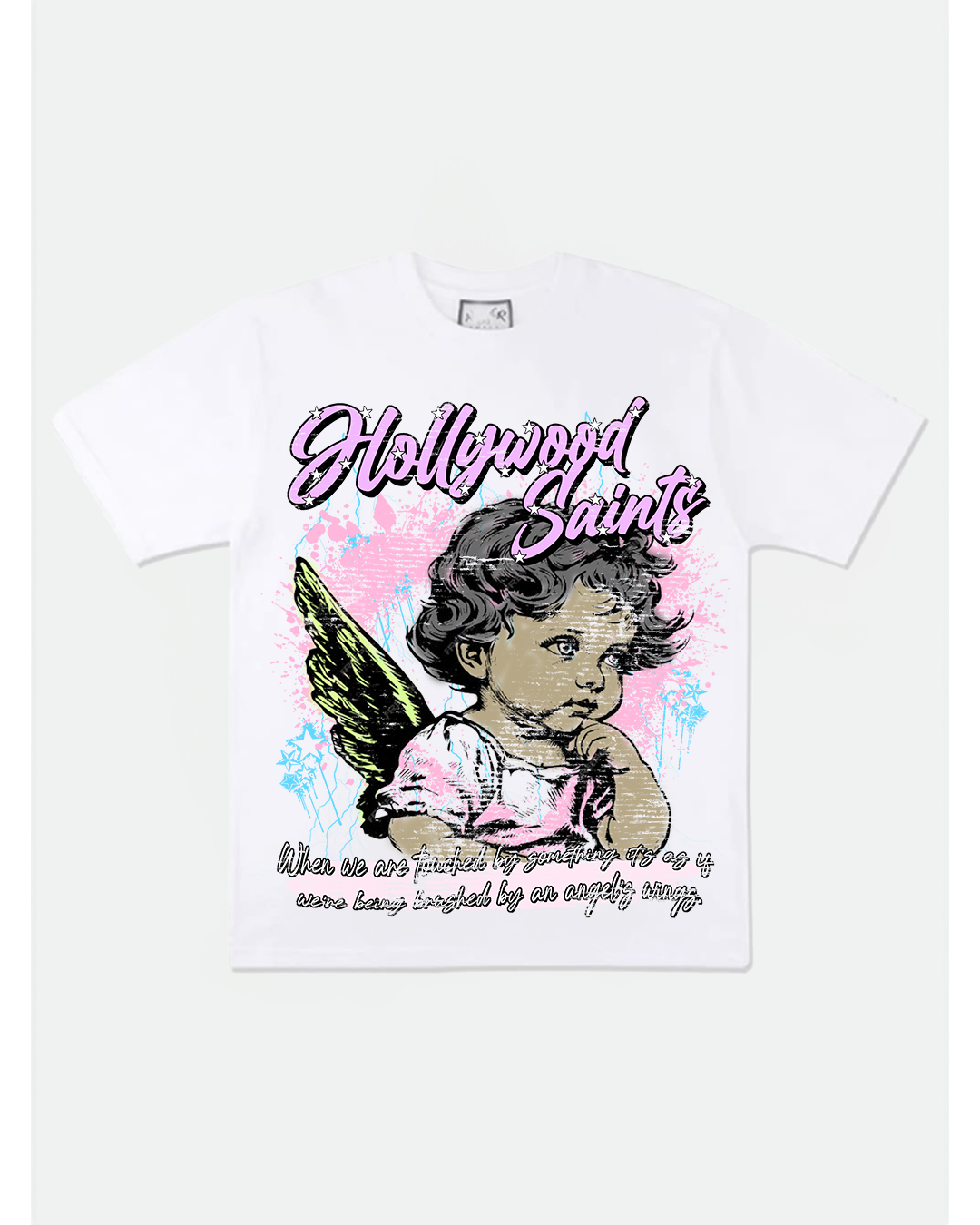 White Hollywood Saints t-shirt featuring a cherub graphic with neon green wings, pink and blue paint splashes, and script text that reads “When we are touched by something epic as if we're being brushed by an angel’s wings.” Urban streetwear angel tee.
