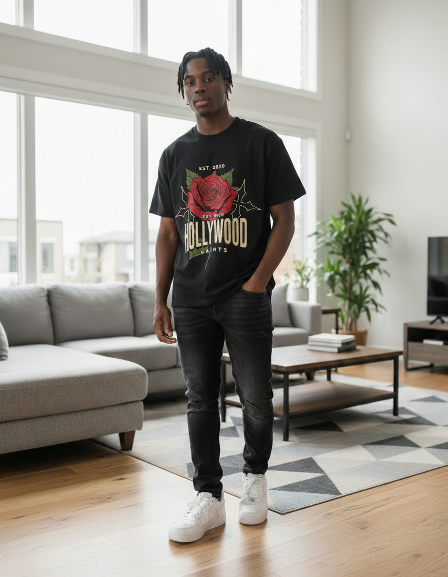 Hollywood Saints Rose Of Love graphic Black T Shirt