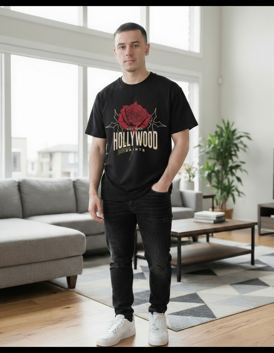 Hollywood Saints Rose Of Love graphic Black T Shirt