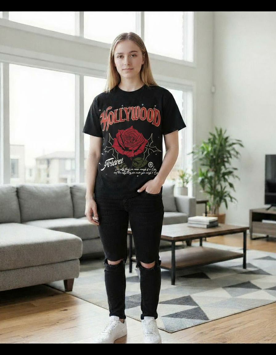 Hollywood Saints Rose Of Love graphic Black T Shirt