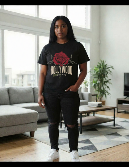 Hollywood Saints Rose Of Love graphic Black T Shirt