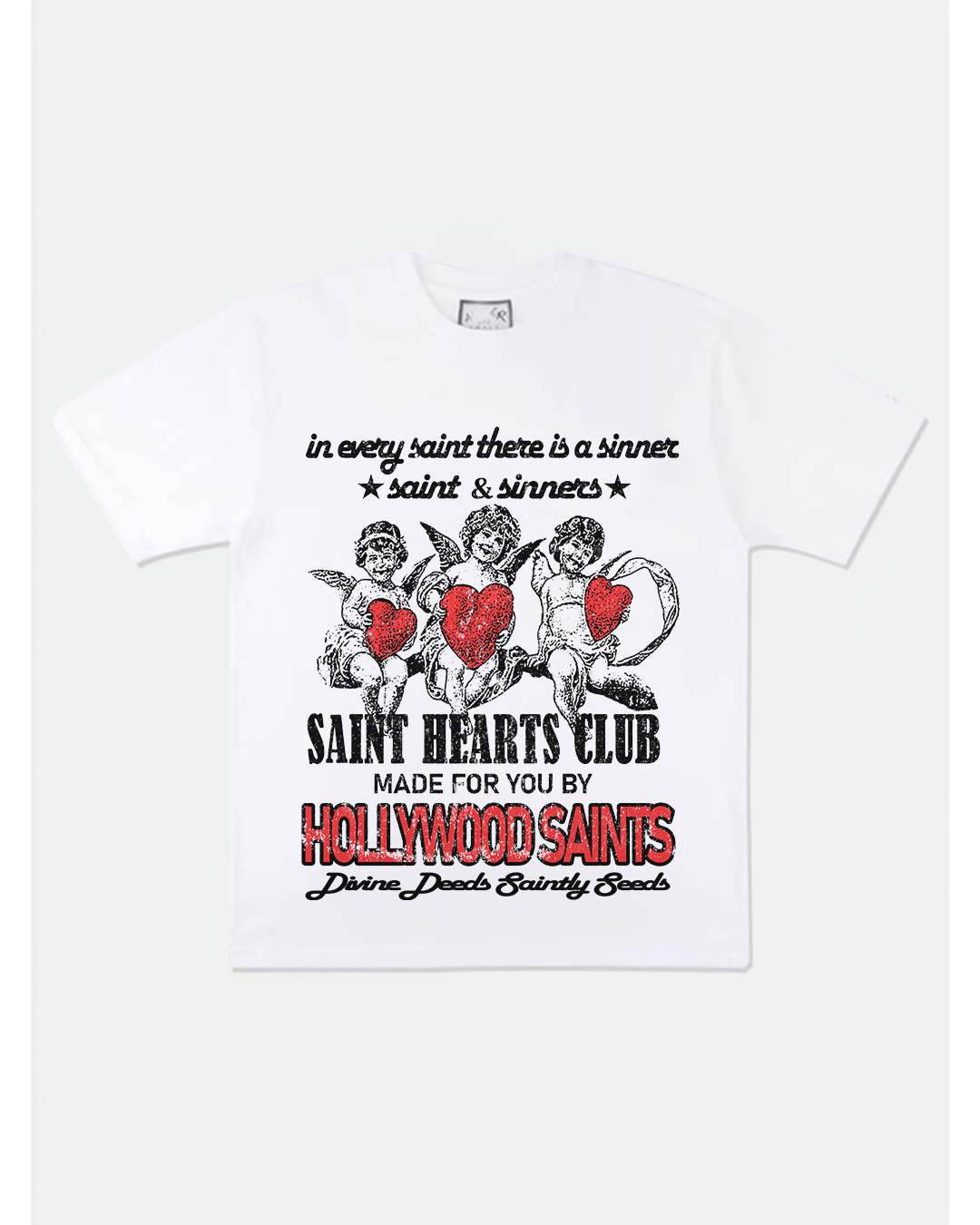 White graphic t-shirt from Hollywood Saints featuring vintage cherubs holding red hearts, with bold text that reads “Saint Hearts Club” and “Hollywood Saints” — a streetwear design blending divine love and sinner symbolism.