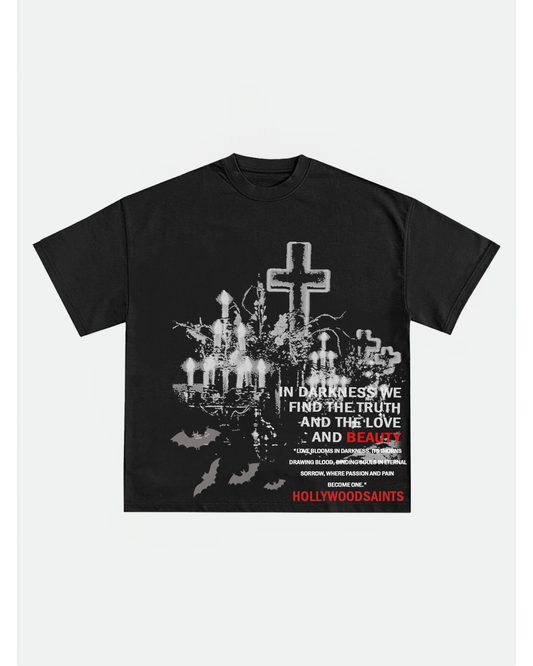 Hollywood Saints “In Darkness” Gothic Cross Graphic Tee – Black