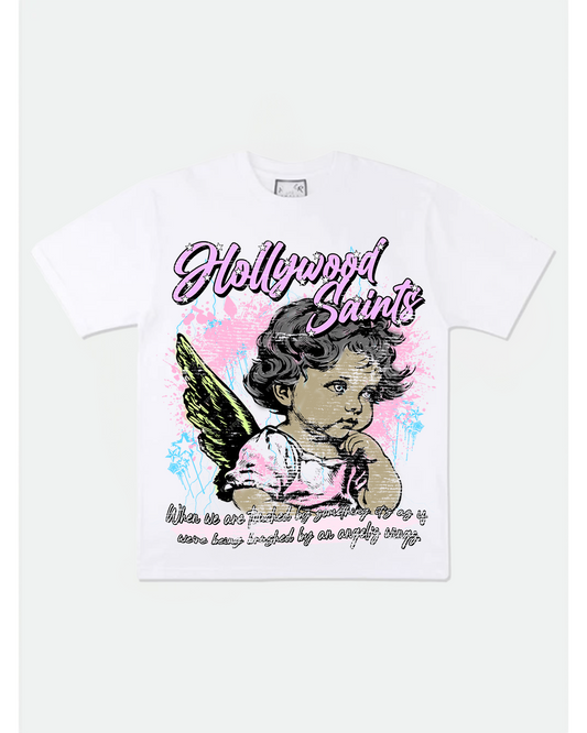 White Hollywood Saints t-shirt featuring a cherub graphic with neon green wings, pink and blue paint splashes, and script text that reads “When we are touched by something epic as if we're being brushed by an angel’s wings.” Urban streetwear angel tee.